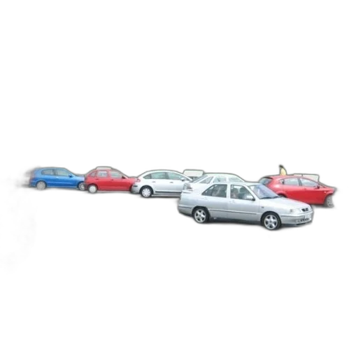 car, 3d render, row, cars, parked, side, road, palm transparent PNG cut-out