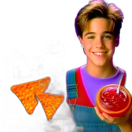 food, weapon, jacket, vaporwave, photorealistic, cheerful, boy, holds transparent PNG cut-out