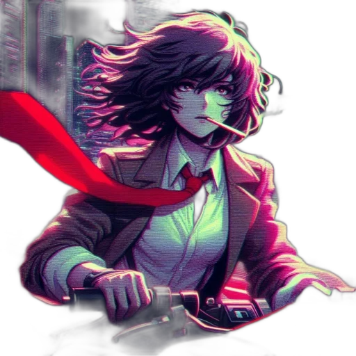 jacket, weapon, staff, robot, cyberpunk, comic book art, anime, vaporwave transparent PNG cut-out