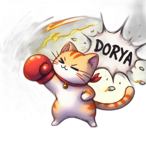 concept art, fantasy art, watercolor, pixel art, fire, determined, cat, wearing transparent PNG cut-out