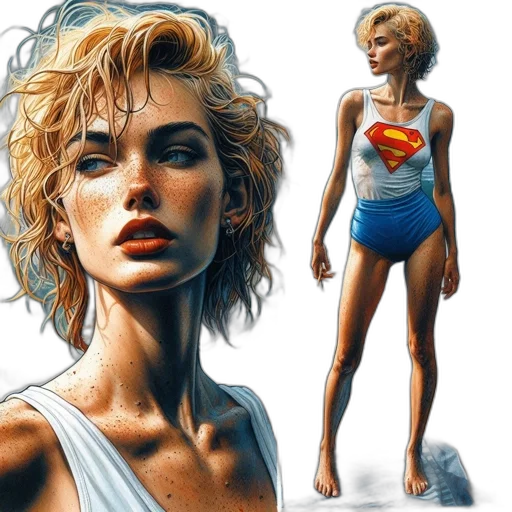 comic book art, concept art, photorealistic, oil painting, woman, blonde, hair, freckles transparent PNG cut-out