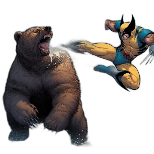 comic book art, concept art, fantasy art, wolverine-like, superhero, kicks, roaring, bear transparent PNG cut-out
