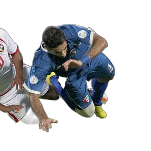 soccer, player, blue, uniform, falling, ground, while, being transparent PNG cut-out