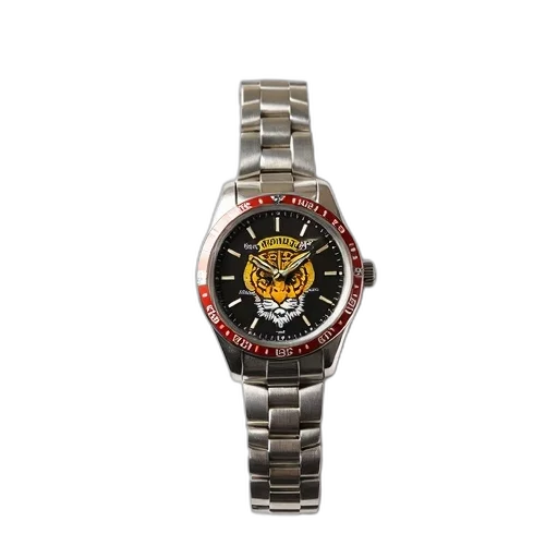 jewelry, silver, wristwatch, tiger, emblem, face, yellow, red transparent PNG cut-out