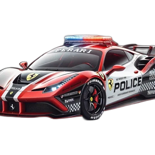 car, 3d render, concept art, photorealistic, red, white, police-branded, ferrari transparent PNG cut-out
