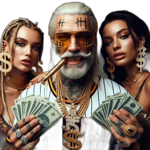 cyberpunk, three, individuals, flashy, hip-hop, attire, pose, gold transparent PNG cut-out