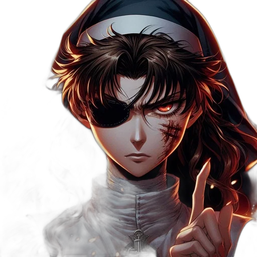 face, staff, jacket, weapon, anime, comic book art, concept art, fantasy art transparent PNG cut-out