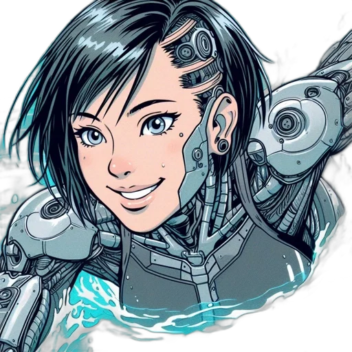 robot, cyberpunk, comic book art, concept art, cartoon, blue, animated, female transparent PNG cut-out