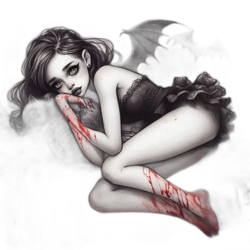 fantasy art, concept art, comic book art, watercolor, red, dark, woman, bat-like transparent PNG cut-out