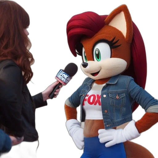 jacket, fox, mascot, red, mane, green, eyes, wearing transparent PNG cut-out