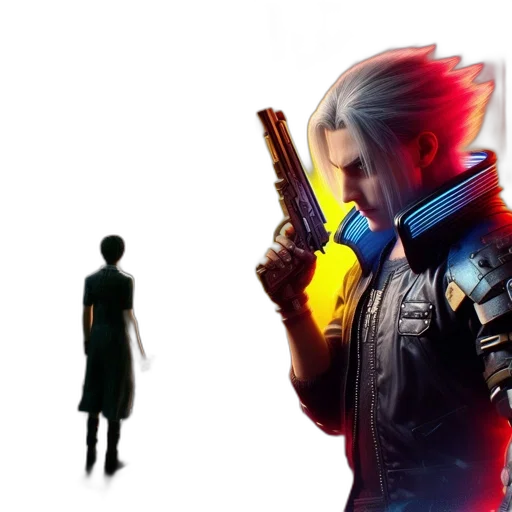 jacket, concept art, cyberpunk, two, distinct, scenes, left, figure transparent PNG cut-out