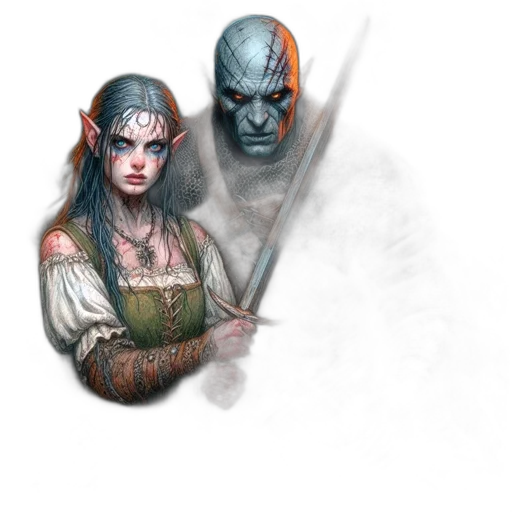 staff, sword, face, weapon, fantasy art, concept art, comic book art, watercolor transparent PNG cut-out