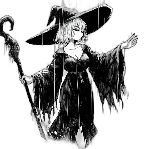 staff, hat, dress, weapon, fantasy art, concept art, pixel art, comic book art transparent PNG cut-out