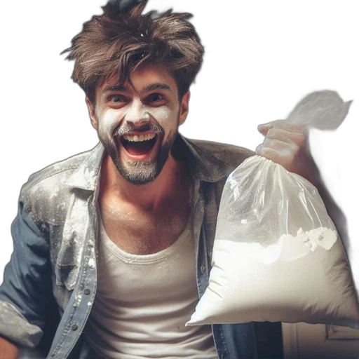 jacket, photorealistic, joyful, man, holds, bag, containing, white transparent PNG cut-out
