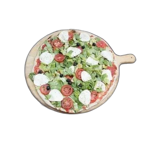 food, 3d render, photorealistic, large, pizza, tomatoes, lettuce, olives transparent PNG cut-out