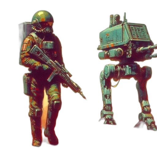 robot, weapon, concept art, pixel art, cyberpunk, 3d render, outer space, green transparent PNG cut-out