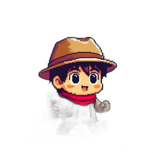 hat, staff, creature, robot, pixel art, cartoon, 3d render, anime transparent PNG cut-out