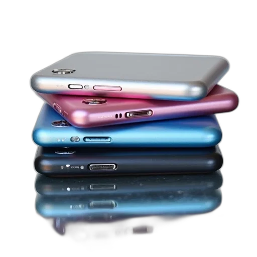 3d render, pastel, stack, four, smartphones, different, colored, backs transparent PNG cut-out