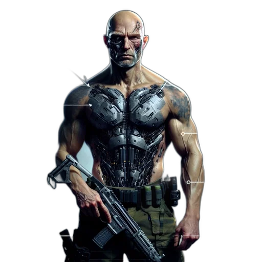 weapon, concept art, comic book art, cyberpunk, photorealistic, cybernetic, character, futuristic transparent PNG cut-out