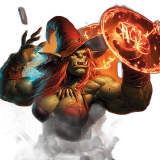 concept art, fantasy art, comic book art, fire, orc, wizard, green, skin transparent PNG cut-out