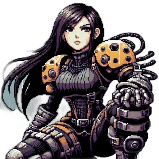 robot, weapon, staff, pixel art, fantasy art, comic book art, concept art, monochrome transparent PNG cut-out