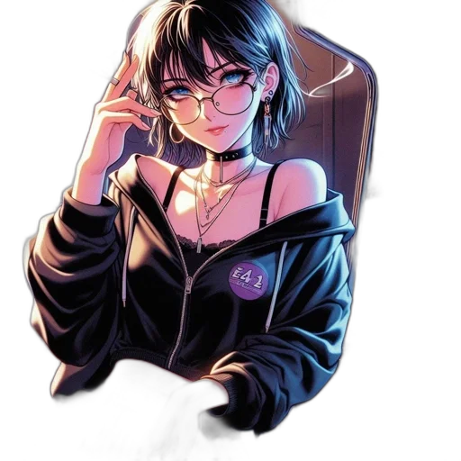 jacket, face, jewelry, staff, anime, cyberpunk, concept art, pixel art transparent PNG cut-out