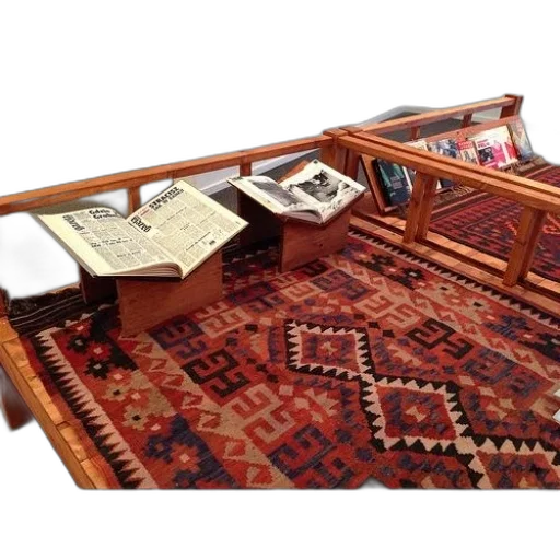 furniture, colorful, rug, geometric, patterns, displayed, wooden, platform transparent PNG cut-out