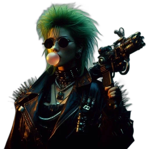 weapon, jacket, cyberpunk, concept art, comic book art, photorealistic, green, person transparent PNG cut-out