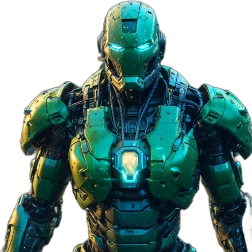 robot, weapon, 3d render, concept art, comic book art, pixel art, green, futuristic transparent PNG cut-out