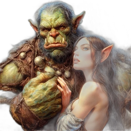 fantasy art, concept art, photorealistic, comic book art, fog, green, orc-like, creature transparent PNG cut-out