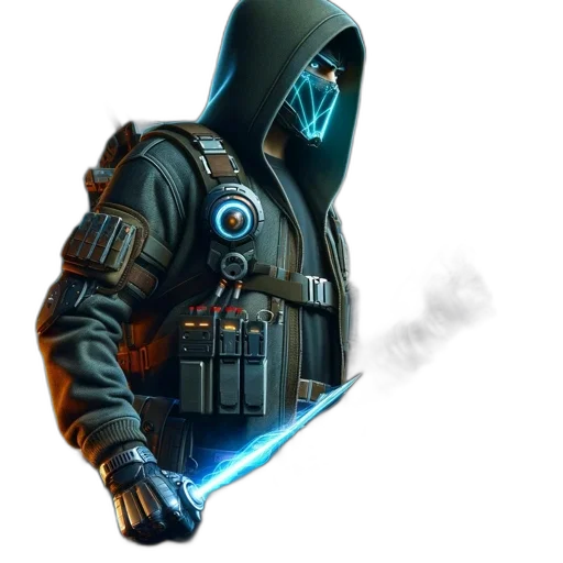 jacket, weapon, mask, staff, concept art, cyberpunk, 3d render, fantasy art transparent PNG cut-out
