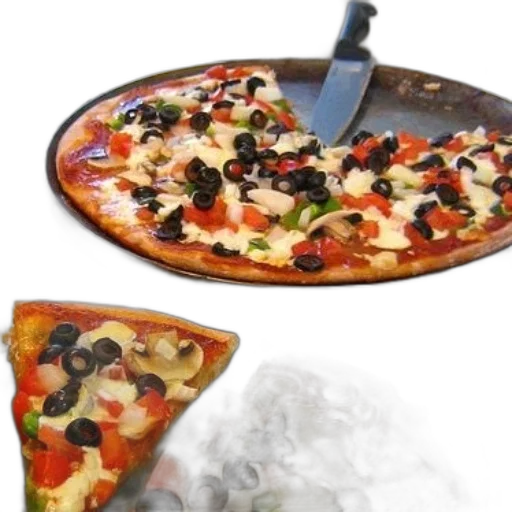 food, 3d render, photorealistic, monochrome, pizza, olives, peppers, onions transparent PNG cut-out