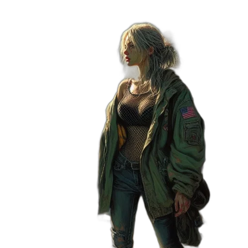 jacket, weapon, cyberpunk, concept art, comic book art, photorealistic, neon lights, green transparent PNG cut-out