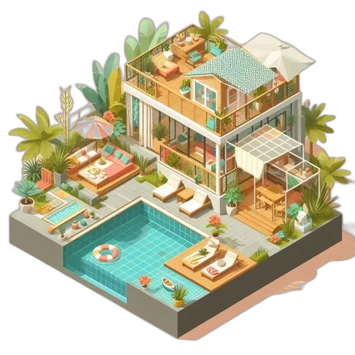 furniture, 3d render, concept art, pixel art, photorealistic, beach, earth tones, pastel transparent PNG cut-out