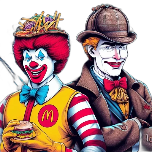 food, comic book art, concept art, photorealistic, ronald, mcdonald, joker, stand transparent PNG cut-out