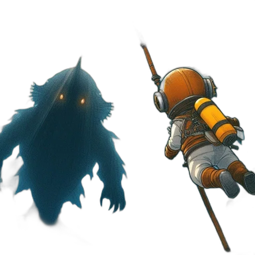 creature, staff, concept art, fantasy art, pixel art, 3d render, adventurous, diver transparent PNG cut-out