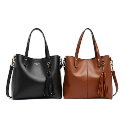 dark, monochrome, two, leather, handbags, displayed, side, against transparent PNG cut-out