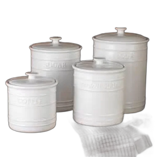 set, four, white, ceramic, kitchen, canisters, lids, labeled transparent PNG cut-out