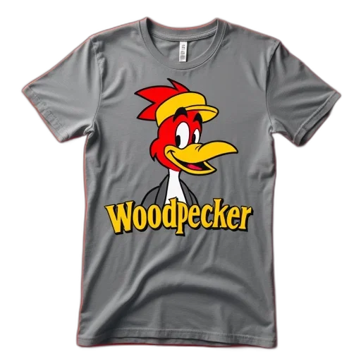 grey, t-shirt, cartoon, character, red, bird, yellow, beak transparent PNG cut-out