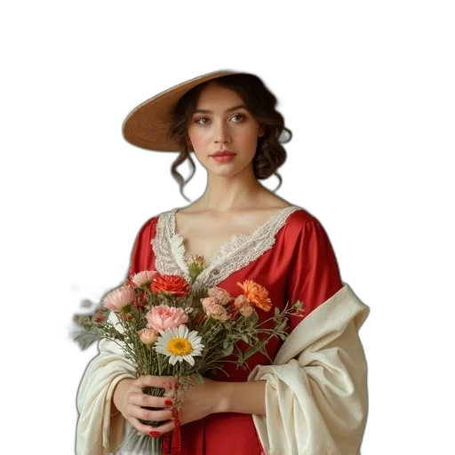 dress, crown, hat, flower, oil painting, photorealistic, fantasy art, 3d render transparent PNG cut-out