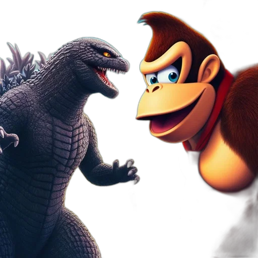 concept art, 3d render, godzilla, faces, off, against, donkey, kong transparent PNG cut-out