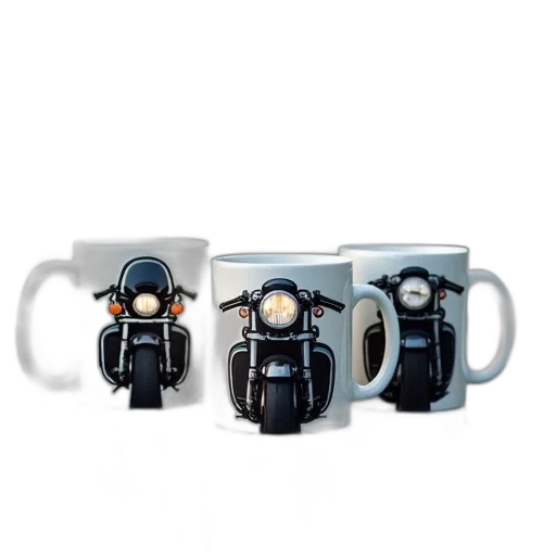 three, white, ceramic, coffee, mugs, motorcycle, design, arranged transparent PNG cut-out