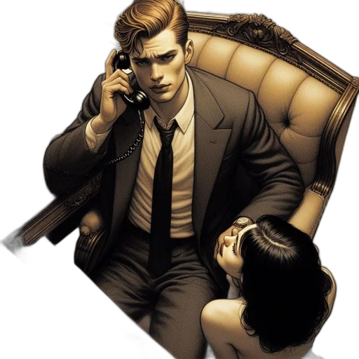 comic book art, concept art, suited, man, holds, rotary, telephone, deep transparent PNG cut-out