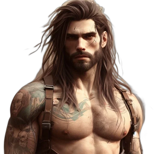 fantasy art, concept art, photorealistic, comic book art, tattooed, muscular, man, long transparent PNG cut-out