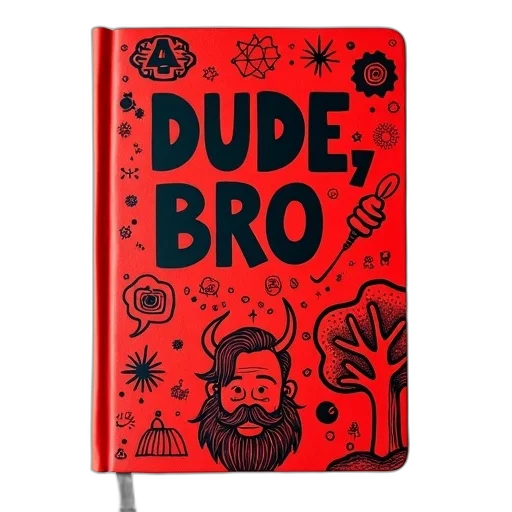 concept art, comic book art, cartoon, red, notebook, black, cover, featuring transparent PNG cut-out