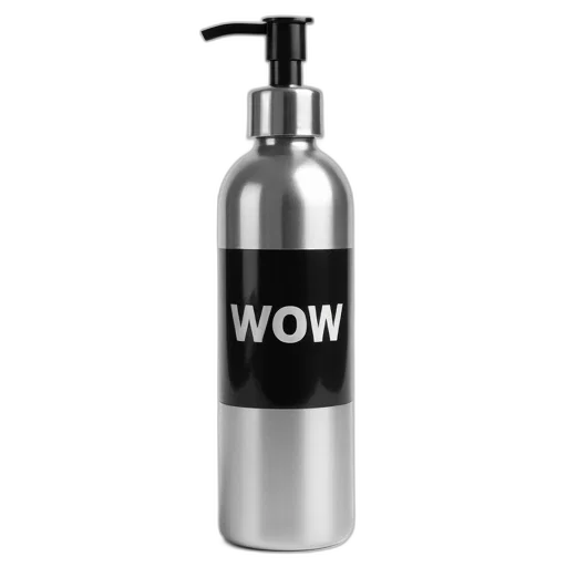 bottle, sleek, silver, black, label, featuring, word, wow transparent PNG cut-out