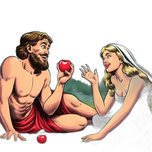 concept art, fantasy art, comic book art, pixel art, fire, adam, eve, talking transparent PNG cut-out