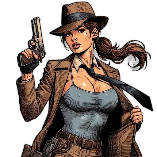 weapon, comic book art, concept art, cartoon, intense, stylishly-rendered, woman, fedora transparent PNG cut-out