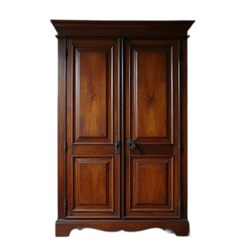 furniture, 3d render, antique, wooden, armoire, cabinet, glass, doors transparent PNG cut-out