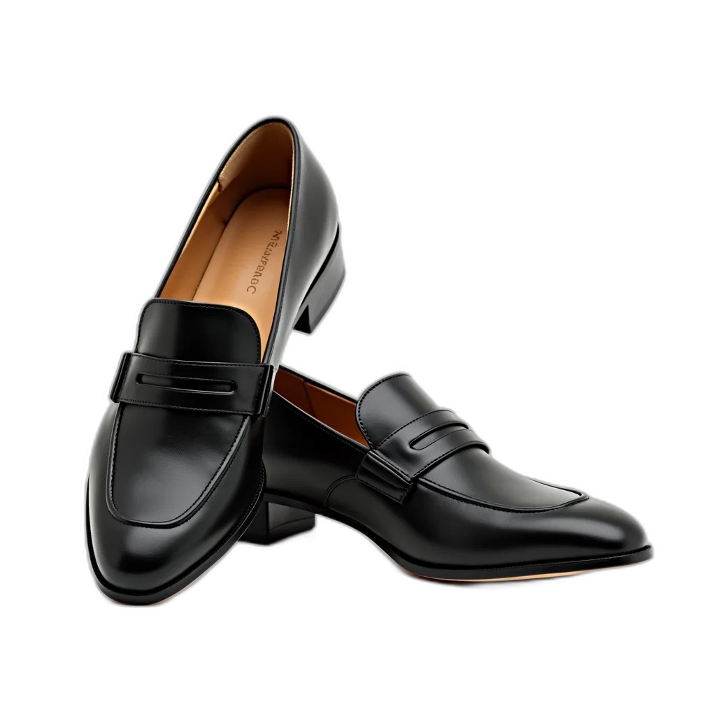 shoes, 3d render, photorealistic, pair, black, leather, loafers, sleek transparent PNG cut-out